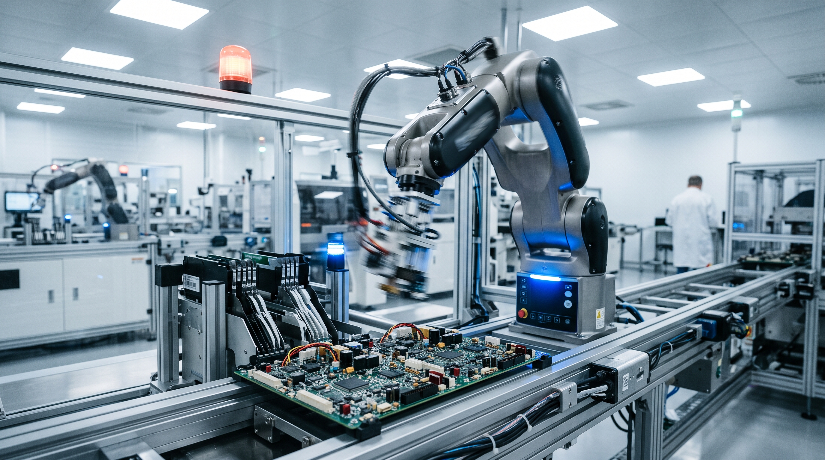 Industrial robotic arm on an automated assembly line