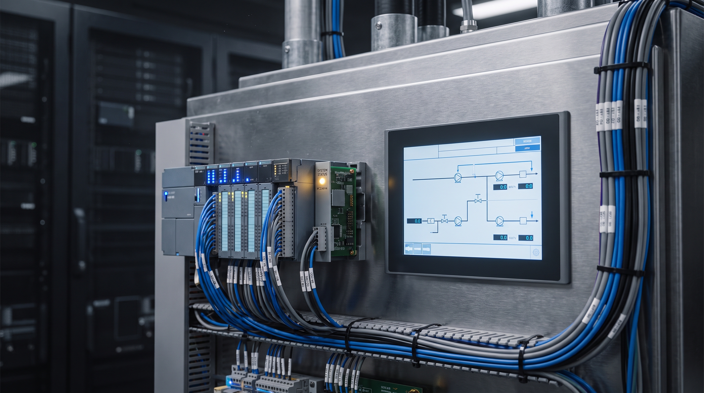 Engineer inspecting a smart control panel with PLC and HMI in a control room