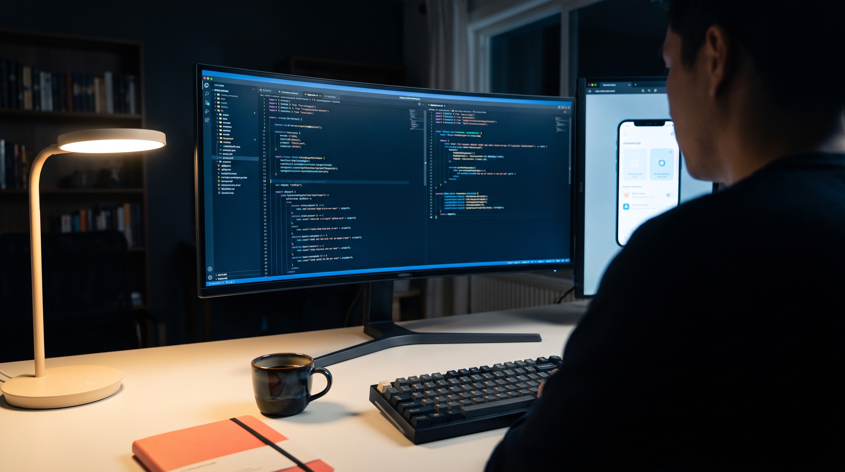 Software developer writing code on a laptop with a control room in the background
